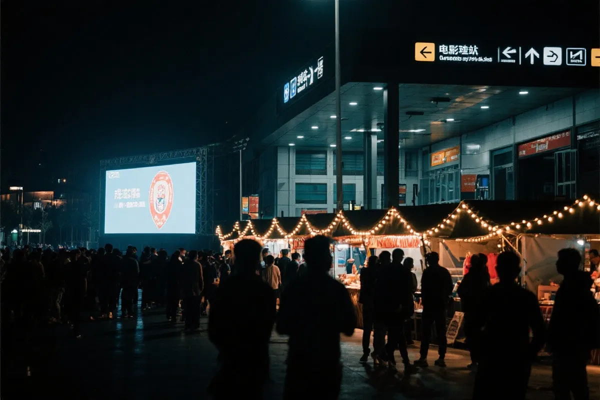 费城球迷广场夜景：大屏观赛人群、步行指示牌与公共交通入口